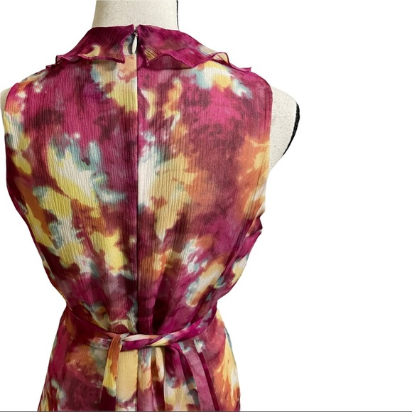 Chequer dress silk ruffle neckline sleeveless floral colorful. Womens size4 - Picture 8 of 11